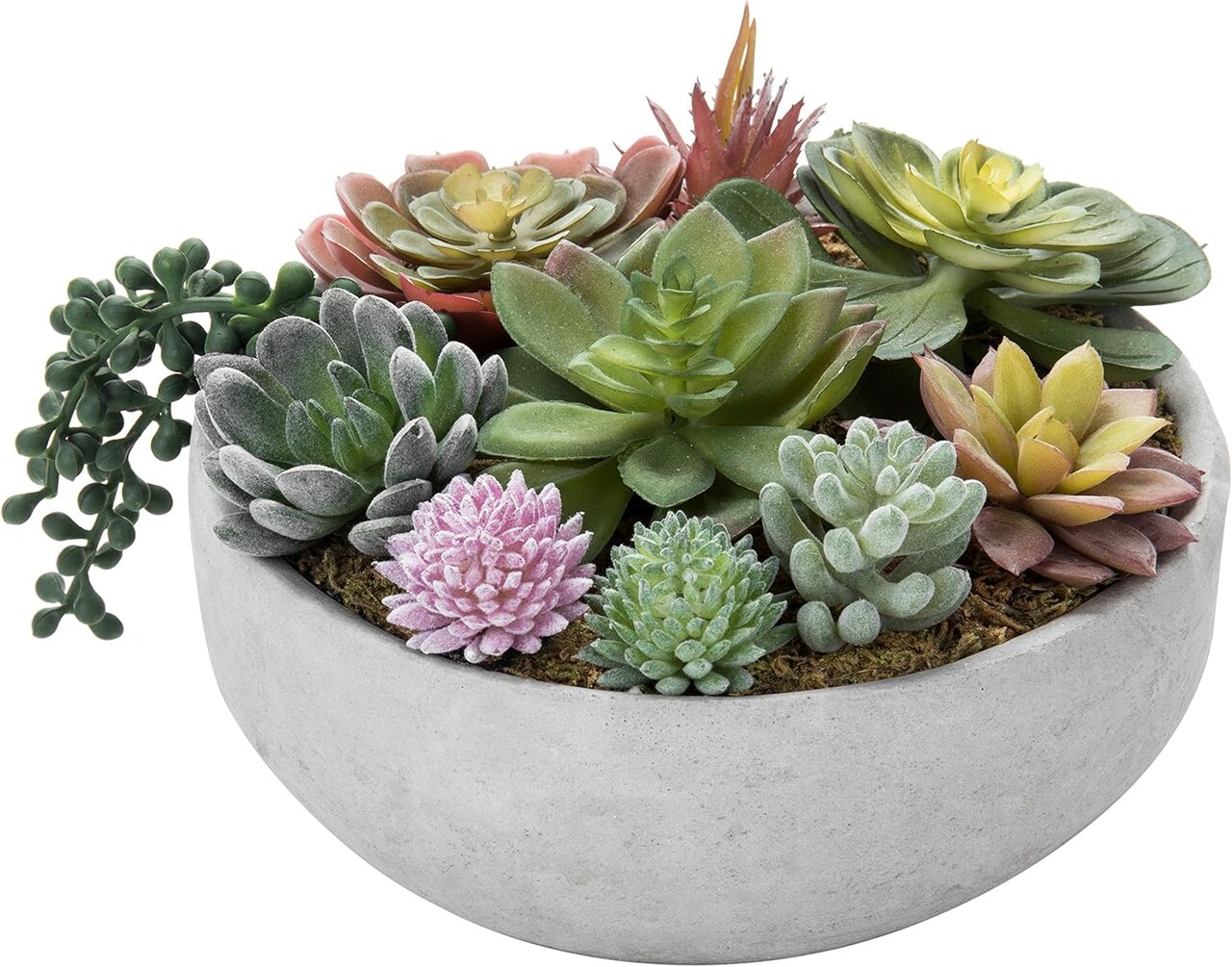 8-Inch Round Modern Artificial Succulent Arrangement in Gray Concrete Bowl – Assorted Faux Mini Succulents Displayed in a Stylish Decorative Planter Pot